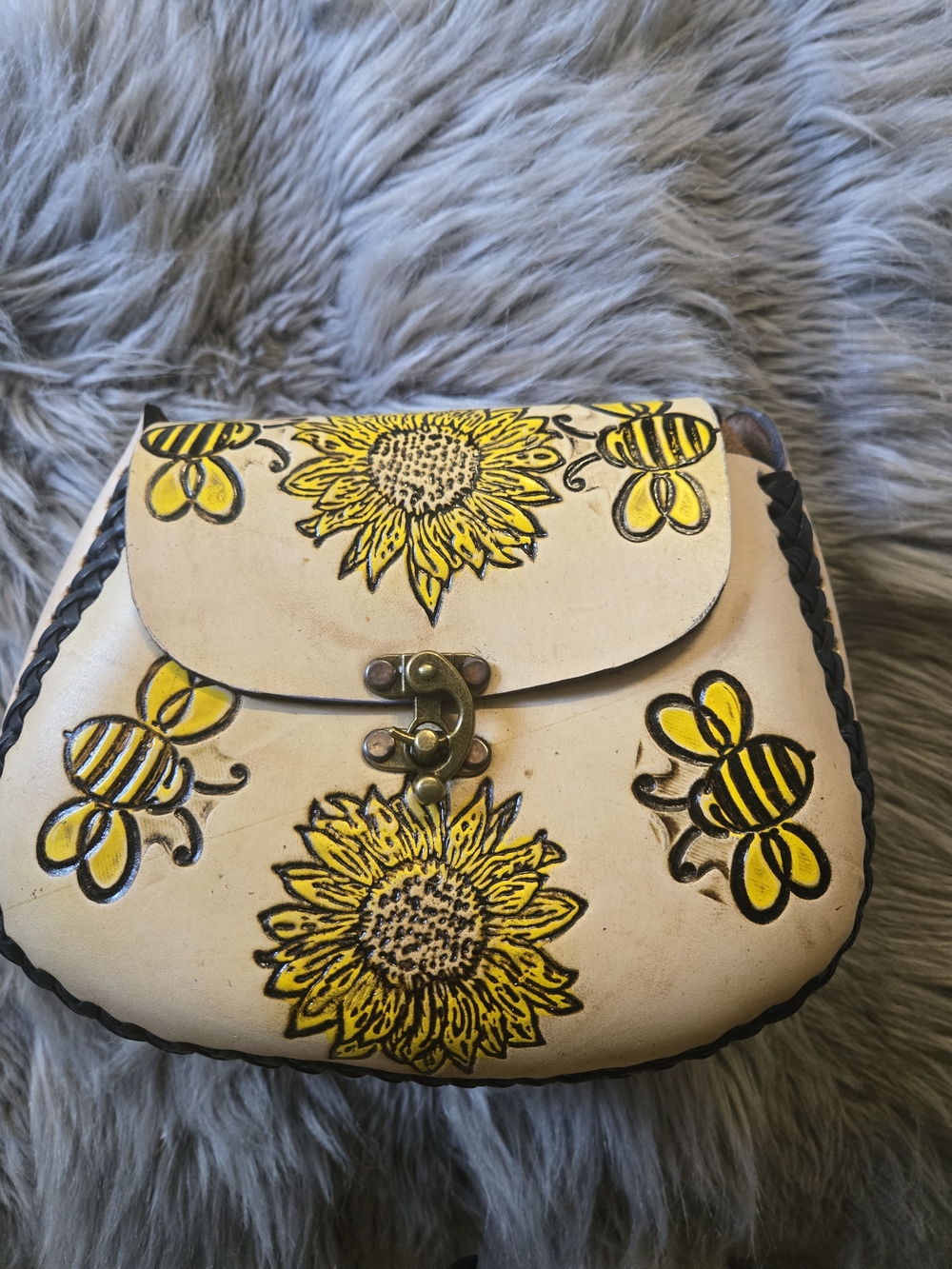Hand-Painted Sunflower & Bee Leather Crossbody Bag in Cream and Yellow